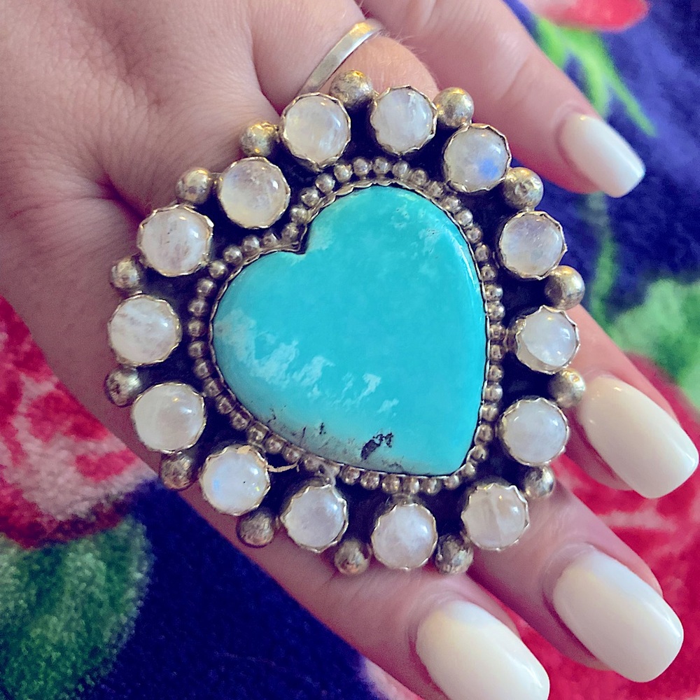 M&S Heart Moonstone Turquoise Sterling Silver Cluster Ring